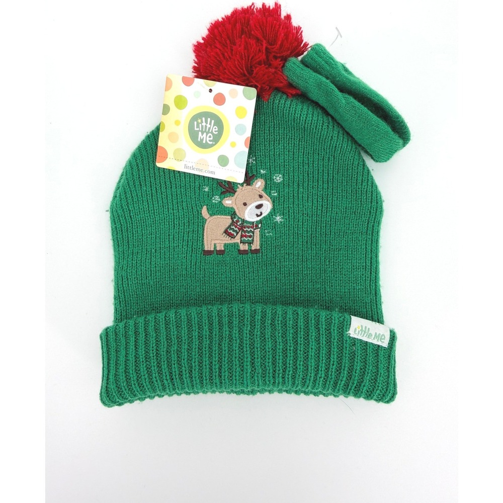 Little Me Green Reindeer Knit Beanie Hat Red Pom Pom 12M-24M NEW